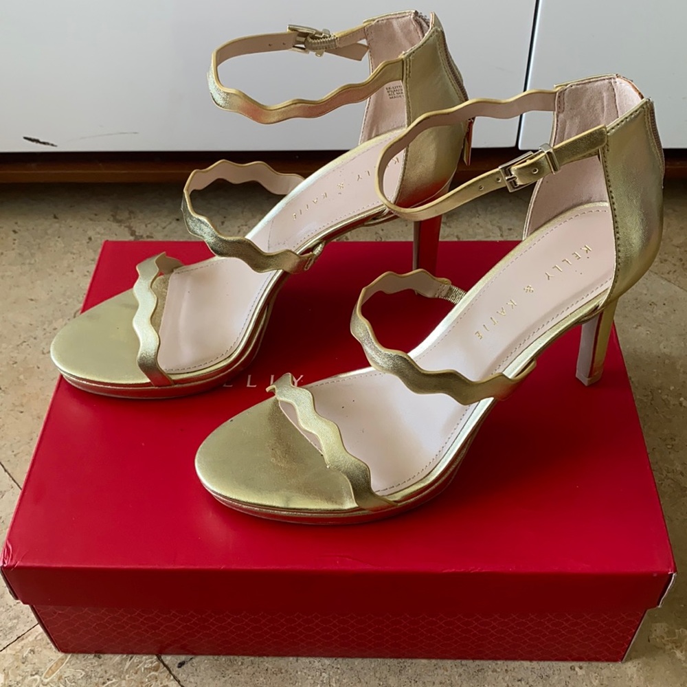 Gold strappy heeled sandals by Kelly & Katie